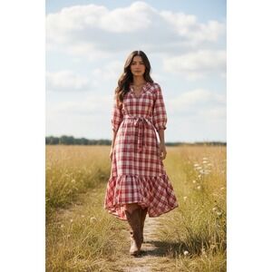 Anthropologie dRA  Small Red Plaid Gauze Cotton Prairie Belted Tiered MIDI Dress